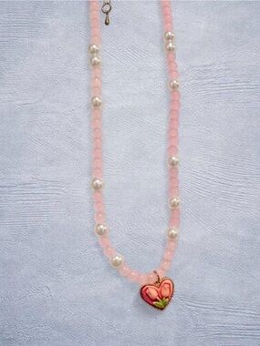 Pink Beaded Heart Pendant Necklace - Unbranded